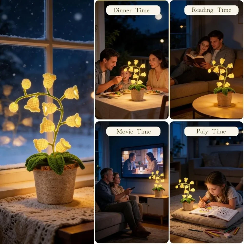 Artificial Cream Cute Lily Valley Flower Handmade Crochet Lamp Led Light Decor